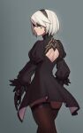  1girl absurdres back_cutout black_blindfold black_dress black_gloves black_hairband black_legwear blindfold boots clothing_cutout covered_eyes dress feather-trimmed_sleeves fellming gloves grey_hair hairband highres juliet_sleeves long_sleeves mole mole_under_mouth nier_(series) nier_automata no_bra nose puffy_sleeves short_hair solo thick_thighs thigh_boots thighhighs thighhighs_under_boots thighs walking_away yorha_no._2_type_b 