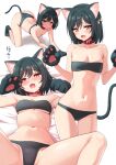  1girl all_fours animal_ears ass bangs bare_arms bare_shoulders bikini black_bikini black_bra black_hair black_panties blush bra breasts brown_eyes brown_ribbon cat_ears cat_paws cat_tail cleavage collar collarbone commentary_request cowboy_shot deadnooodles fang gloves groin hair_ribbon hands_up highres looking_at_viewer love_live! love_live!_nijigasaki_high_school_idol_club lying medium_breasts medium_hair mifune_shioriko multiple_views navel on_back open_mouth panties paw_gloves paws red_collar red_eyes ribbon short_hair skindentation small_breasts spread_legs stomach swimsuit tail translation_request underwear underwear_only upper_teeth white_background 