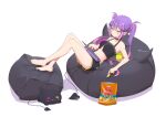  1girl absurdres bag_of_chips bare_legs bare_shoulders barefoot bean_bag_chair bibi_(tokoyami_towa) bright_pupils chips choker crop_top demon_tail ear_piercing food green_eyes hair_ornament hairclip highres hololive long_hair midriff navel piercing potato_chips purple_hair quarterlift red_nails shorts simple_background sitting tablet_pc tail tail_ornament tail_piercing toenail_polish tokoyami_towa twintails virtual_youtuber white_background white_pupils yellow_nails 