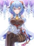  1girl :o absurdres ahoge bangs bare_shoulders bell blue_hair blush bodysuit breasts covered_navel crossed_bangs crossed_legs detached_sleeves eyebrows_visible_through_hair ganyu_(genshin_impact) genshin_impact goat_horns highres horns hyoin large_breasts long_hair long_sleeves looking_at_viewer open_mouth purple_eyes sitting solo 