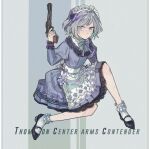  1girl apron bow commentary contender_(girls&#039;_frontline) cretaceum dress frilled_dress frilled_legwear frills full_body girls&#039;_frontline grey_hair gun hair_bow handgun holding holding_gun holding_weapon juliet_sleeves long_sleeves looking_at_viewer maid maid_headdress multicolored_hair official_alternate_costume puffy_sleeves purple_eyes purple_hair short_hair solo streaked_hair thompson/center_contender weapon 