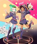  2girls amity_blight animal_hood book boots brown_hair cat_hood cosplay dark-skinned_female dark_skin full_body green_hair highres hood king_(the_owl_house) little_witch_academia luna_nova_school_uniform luz_noceda magic_circle multiple_girls ponytail school_uniform sheery_sbox short_ponytail short_shorts shorts shorts_under_skirt smile standing the_owl_house 