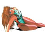  1980s_(style) 1girl absurdres arm_support bangs blue_eyes brown_hair dangaiou highres hirano_toshihiro leotard long_hair mia_alice official_art page_number pantyhose parted_lips retro_artstyle simple_background solo white_background 