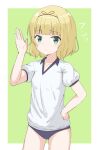  1girl bangs black_ribbon blonde_hair blue_buruma blush buruma collarbone collared_shirt cowboy_shot eyebrows_visible_through_hair gochuumon_wa_usagi_desu_ka? green_background green_eyes gym_shirt gym_uniform hair_ribbon hand_on_hip hand_up highres hippo_(hirople) kirima_sharo puffy_short_sleeves puffy_sleeves ribbon shirt short_sleeves solo two-tone_background white_background white_shirt 