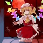  1girl bangs blonde_hair bow buttons collar crystal flandre_scarlet frilled_collar frills hat kaigen_1025 kneeling laevatein light_smile mob_cap moon one_side_up puffy_short_sleeves puffy_sleeves red_bow red_eyes red_moon red_skirt red_vest short_hair short_sleeves side_ponytail skirt socks solo touhou vest waist_bow wavy_hair wings zun_(style) 