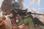  1girl bangs black_gloves blue_eyes blue_hair breasts fingerless_gloves free_style_(yohan1754) gloves green_legwear gun hair_ornament hairclip highres long_sleeves looking_at_viewer rifle short_hair sidelocks sinon sniper_rifle solo sword_art_online sword_art_online_alternative:_gun_gale_online thighs weapon 