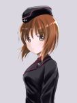  1girl bangs black_headwear black_jacket brown_eyes brown_hair closed_mouth commentary dress_shirt frown garrison_cap girls_und_panzer grey_background hat highres insignia jacket kuromorimine_military_uniform long_sleeves looking_at_viewer military military_hat military_uniform nishizumi_miho red_shirt sakurakkuma shirt short_hair simple_background solo uniform upper_body 