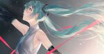  1girl aqua_eyes aqua_hair aqua_neckwear arl detached_sleeves gradient gradient_background grey_background hatsune_miku highres long_hair looking_away looking_up necktie solo twintails upper_body very_long_hair vocaloid 