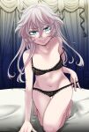  1girl adjusting_clothes adjusting_panties ahoge black_bra black_panties blonde_hair blue_eyes bra breasts hair_between_eyes hal_(goshujinomocha) highres huge_ahoge long_hair looking_at_viewer navel open_mouth panties small_breasts smile solo tanya_degurechaff underwear youjo_senki 