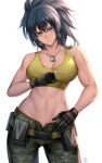  1girl bangs bare_shoulders belt blue_eyes blue_hair breasts camouflage camouflage_pants cleavage collarbone dog_tags earrings gloves green_pants highres hua-j jewelry large_breasts leona_heidern long_hair looking_at_viewer navel pants ponytail solo tank_top the_king_of_fighters yellow_tank_top 