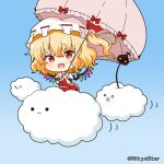  1girl :3 :d bangs blonde_hair blue_background blush bow cloud collared_shirt commentary_request crystal eyebrows_visible_through_hair fang flandre_scarlet frilled_shirt_collar frilled_umbrella frills gradient gradient_background hair_between_eyes hat holding holding_umbrella laevatein looking_at_viewer miicha mob_cap o_o one_side_up open_mouth pink_umbrella puffy_short_sleeves puffy_sleeves red_bow red_ribbon red_skirt red_vest ribbon shirt short_sleeves skirt skirt_set smile solid_circle_eyes solo touhou twitter_username umbrella vest white_headwear white_shirt wings 