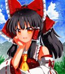  1girl bangs bare_shoulders black_hair blue_sky bow cloud collar dress eyebrows_visible_through_hair grass hair_tubes hakurei_reimu hand_on_own_face long_sleeves looking_at_viewer mountain multicolored multicolored_eyes open_mouth orange_eyes ponytail qqqrinkappp red_bow red_dress red_eyes shikishi short_hair sky sly smile solo touhou traditional_media white_collar white_sleeves yellow_eyes yellow_neckwear 
