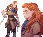  1girl aloy_(horizon) blue_scarf braid clenched_hand commentary_request earpiece fingernails forehead freckles green_eyes holding holding_spear holding_weapon horizon_zero_dawn jewelry jyolin_manula korean_commentary lips long_hair mismatched_eyebrows multiple_braids multiple_views neckerchief necklace nose pearl_necklace polearm pouch scar scar_through_eyebrow scarf spear thick_eyebrows tribal weapon white_background 