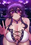  1girl absurdres ahoge bar bent_over blush breasts choker cleavage crawling_dreams fishnets hand_up highres huge_breasts jewelry looking_at_viewer necklace nyarla_(osiimi) osiimi pov purple_eyes purple_hair purple_neckwear purple_theme star_(symbol) star_necklace thick_thighs thighs 