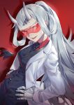  azazel_(helltaker) bangs coat demon_girl demon_horns demon_tail formal hand_on_hip helltaker horns labcoat looking_at_viewer loremaster_(helltaker) mechanical_arms necktie ponytail red_eyes safety_glasses sunglasses tail wenz white_legwear 