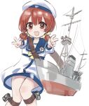  1girl bangs blue_sailor_collar blush double_v dress eyebrows_visible_through_hair hair_ribbon hat highres kaiboukan_no._4_(kancolle) kantai_collection low_twintails nikai_kara_momoshio one-hour_drawing_challenge open_mouth red_eyes red_hair ribbon rigging sailor_collar sailor_dress short_sleeves short_twintails simple_background solo twintails v white_background white_headwear 