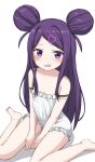  1girl bare_arms bare_legs bare_shoulders barefoot between_legs blush double_bun dress eyebrows_visible_through_hair frilled_dress frills hair_ornament hand_between_legs heart heart_hair_ornament highres hippo_(hirople) long_hair ochikobore_fruit_tart open_mouth purple_eyes purple_hair sekino_roko shadow sitting sleeveless sleeveless_dress solo strap_slip sweat very_long_hair wariza white_background white_dress 