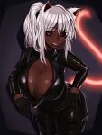  1girl absurdres animal_ears black_bodysuit black_gloves black_sclera bodysuit borrowed_character breasts cat_ears cat_girl cat_tail catsuit center_opening cleavage cleavage_reach coco_(bakeneko) colored_sclera commission cowboy_shot dark-skinned_female dark_skin eyebrows_visible_through_hair fang fictional_persona gloves glowing_tail half_gloves highres huge_breasts kevbot leaning_forward long_hair messy_hair mole mole_on_breast mole_under_eye multiple_moles no_bra original ponytail raised_eyebrow red_eyes second-party_source shiny shiny_clothes silver_hair solo tail thick_thighs thighs unzipped upper_teeth 