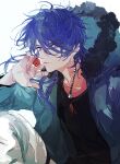  1boy arisugawa_dice asymmetrical_hair black_shirt blue_hair blue_jacket closed_mouth collarbone commentary_request dice earrings eyebrows_visible_through_hair fur-trimmed_jacket fur_trim hanakazesun hand_up highres holding_dice hood hooded_jacket hypnosis_mic jacket jewelry long_hair looking_at_viewer male_focus pants purple_eyes shirt simple_background single_earring solo upper_body v-shaped_eyebrows white_background white_pants 