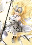  1girl absurdres armor armored_dress azami_masurao bangs bare_shoulders blonde_hair breasts chain dress fate/apocrypha fate/grand_order fate_(series) flag highres holding holding_flag holding_weapon jeanne_d&#039;arc_(fate) jeanne_d&#039;arc_(fate)_(all) long_hair looking_at_viewer looking_up open_mouth solo standing standing_on_one_leg sword thighhighs very_long_hair weapon white_dress yellow_eyes 