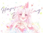  1girl :d background_text bangs bare_shoulders blush breasts cleavage collarbone commission crescent facial_mark forehead_mark hair_ribbon hands_up happy_birthday hat heart heart_hands mamel_27 off_shoulder open_mouth original parted_bangs party_hat petals pink_hair pointy_ears red_eyes ribbon shirt small_breasts smile solo upper_body white_background white_ribbon white_shirt 