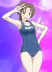  1girl 2014 absurdres annoyed antenna_hair armpits artist_request bare_arms bare_shoulders blue_swimsuit brown_eyes brown_hair covered_navel female game_cg hand_on_hip highres iizuka_yuzu name_tag open_mouth pose sakura_trick scan school_swimsuit short_hair simple_background solo swimsuit w 