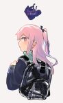  1girl ar-15 backpack bag blue_eyes commentary_request from_behind girls&#039;_frontline gun hair_ornament jacket long_hair long_sleeves looking_back one_side_up pink_hair rifle see-through sidelocks solo st_ar-15_(girls&#039;_frontline) sweatdrop upper_body vento weapon 