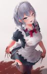  1girl :d absurdres apron bangs black_dress black_legwear blood bloody_clothes bloody_hands bow braid bright_pupils dress grey_eyes grey_hair hair_bow highres izayoi_sakuya looking_at_viewer maid maid_headdress open_mouth pink_bow short_sleeves side_braids smile solo standing tabey0u thighhighs touhou twin_braids white_pupils 