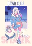  1girl animal_hood bloop_(gawr_gura) blue_eyes blue_hair bubble character_name crescent_moon digital_media_player fish_tail gawr_gura headphones highres hololive hololive_english hood moon multicolored_hair night night_sky ocean palm_tree shark_hood shark_tail shoes silver_hair sky sneakers solo streaked_hair sweater tail tree two_side_up virtual_youtuber weizen 