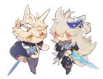  2boys :&lt; alternate_costume animal_ears bangs bennett_(genshin_impact) blonde_hair blue_flower blush boots chibi closed_mouth fingerless_gloves flower genshin_impact gloves green_eyes hair_between_eyes highres holding holding_sword holding_weapon long_hair male_focus mask mask_on_head multiple_boys pants razor_(genshin_impact) red_eyes scar scar_across_eye scar_on_face shuangfeng simple_background smile standing sword tail torn_clothes torn_pants weapon white_background 