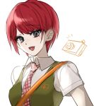  1girl :d bangs blush breasts collared_shirt commentary_request danganronpa_(series) danganronpa_2:_goodbye_despair eyebrows_visible_through_hair freckles green_vest koizumi_mahiru looking_at_viewer malga_(milky721) medium_breasts necktie open_mouth plaid_neckwear red_hair shirt short_hair simple_background smile solo upper_body vest white_background white_shirt 