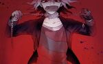  1boy 3n_(nmllmn) asphyxiation bangs black_jacket broken broken_chain chain chained choking_on_object collarbone commentary_request cuffs danganronpa_(series) danganronpa_another_episode:_ultra_despair_girls flipped_hair gag gakuran gradient gradient_background grey_hair grey_shirt handcuffs improvised_gag jacket komaeda_nagito long_sleeves looking_at_viewer male_focus medium_hair mittens open_clothes open_jacket red_background red_shirt school_uniform shackles shirt solo striped striped_mittens striped_shirt sweatdrop tape tape_gag 