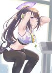  1girl absurdres armpits arms_behind_head black_hair blue_archive blush breasts exercise eyewear_hang eyewear_removed from_side highres large_breasts long_hair navel ponytail purple_eyes solo squatting sumire_(blue_archive) sweat thighs umirororo very_long_hair wristband 
