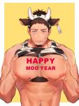  1boy 2021 abs animal_ears animal_print bara bare_pectorals brown_hair chest_hair chest_harness chinese_zodiac cow_boy cow_ears cow_horns cow_print earrings eyebrow_cut facial_hair fake_animal_ears fake_horns goatee grabbing happy_new_year harness highres horns jewelry large_pectorals leather male_focus mature_male muscular muscular_male navel navel_hair new_year nipples original pectoral_focus pectoral_grab pectoral_lift pectorals scar scar_across_eye scar_on_face short_hair sideburns solo stomach suggestive_fluid upper_body year_of_the_ox zhineart 