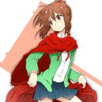  1girl asahina_samidare brown_eyes brown_hair cape closed_mouth hammer hoshi_no_samidare kagiana medium_hair pleated_skirt ponytail red_cape school_uniform skirt solo 