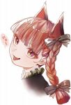  1girl :p animal_ears braid cat_ears commentary_request cropped_shoulders extra_ears face fang highres kaenbyou_rin long_hair looking_at_viewer parted_lips red_eyes red_hair simple_background skin_fang solo teruteru_(teru_teru) tongue tongue_out touhou twin_braids twintails white_background 