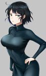 1girl breasts dress fubuki_(one-punch_man) green_dress green_eyes green_hair grey_background hashi highres large_breasts looking_at_viewer medium_hair one-punch_man open_mouth shiny shiny_hair simple_background solo 