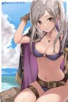  1girl belt belt_buckle bikini blue_sky braid breasts brown_belt brown_gloves buckle closed_mouth cloud coat coat_on_shoulders collarbone commentary_request day eyebrows_visible_through_hair fire_emblem fire_emblem_awakening fire_emblem_heroes french_braid gloves grey_eyes grey_hair haru_(nakajou-28) highres jewelry long_hair looking_at_viewer medium_breasts navel necklace o-ring o-ring_bikini ocean outdoors robin_(fire_emblem) robin_(fire_emblem)_(female) sitting sky solo swimsuit twintails twitter_username water wet 