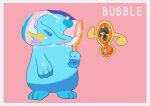  absurdres border bubble bubble_blowing bubble_wand closed_mouth commentary gen_2_pokemon gen_4_pokemon highres holding huge_filesize looking_at_viewer no_humans pink_background pokemon pokemon_(creature) quagsire rotom rotom_(fan) saiku_(zvlku) shiny smile solid_circle_eyes standing toes white_border 
