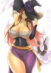  1girl anagumasan armpits bare_shoulders breasts cleavage curvy detached_sleeves dragon&#039;s_crown dress hat hat_over_one_eye highres holding holding_clothes holding_hat large_breasts one_eye_covered side_slit sorceress_(dragon&#039;s_crown) strapless strapless_dress thighs wide_hips 