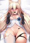  1girl animal_ears barcode_tattoo blonde_hair blue_eyes blush breasts breasts_outside chung_cthemax g41_(girls&#039;_frontline) girls&#039;_frontline heterochromia highres long_hair mechanical_arms medium_breasts no_panties paw_pose pussy red_eyes solo tattoo very_long_hair 