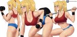  1girl ass barbell blonde_hair blue_eyes breasts cleavage cowboy_shot dumbbell echo_saber english_commentary highres large_breasts long_hair metroid multiple_views ponytail red_sports_bra samus_aran simple_background sports_bra toned weightlifting white_background 