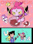  1boy :q :t ame_(ame025) ash_ketchum bangs black_gloves black_hair bottle chocolate closed_eyes closed_mouth collared_jacket cooking dated doughnut eating fingerless_gloves food food_on_face gen_1_pokemon gen_6_pokemon gloves holding holding_food hoopa hoopa_(confined) jacket male_focus milk_bottle mixing mixing_bowl moomoo_milk mythical_pokemon pikachu pokemon pokemon_(anime) pokemon_(creature) pokemon_xy_(anime) popped_collar short_hair short_sleeves smile sparkle symbol_commentary tongue tongue_out 