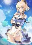  1girl absurdres blonde_hair blue_eyes blue_sky bow breasts chain cleavage flower genshin_impact hair_bow highres jean_gunnhildr large_breasts looking_at_viewer partially_submerged ponytail rose shorts sky skying slime_(genshin_impact) solo standing sunlight white_shorts 