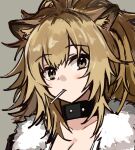  1girl animal_ears arknights bangs blonde_hair candy collar commentary_request exion_(neon) eyebrows_visible_through_hair food food_in_mouth fur_trim grey_background hair_between_eyes jacket lion_ears lollipop long_hair looking_at_viewer siege_(arknights) simple_background solo studded_collar yellow_eyes 