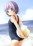  1girl arms_behind_back ass ball bangs bare_arms bare_shoulders black_swimsuit blue_sky blush breasts brown_eyes closed_mouth cloud commentary_request day eyebrows_visible_through_hair from_side hairband highres holding holding_ball horizon looking_at_viewer looking_to_the_side ocean old_school_swimsuit one-piece_swimsuit original outdoors purple_hair red_hairband school_swimsuit shibacha short_hair sky small_breasts smile solo swimsuit water 