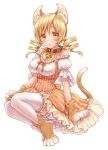  1girl :o animal_ear_fluff animal_ears bell belt_collar blonde_hair breasts cat_ears cat_tail cleavage collar dress drill_hair full_body gloves jingle_bell kazabuki_poni large_breasts long_hair looking_at_viewer mahou_shoujo_madoka_magica neck_bell orange_dress parted_lips paw_boots paw_gloves paws puffy_short_sleeves puffy_sleeves short_sleeves simple_background solo suspenders tail thighhighs tomoe_mami twin_drills twintails white_background white_legwear yellow_eyes 