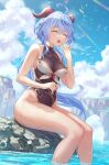  absurdres ahoge anbe_yoshirou artist_name bangs bare_arms bare_shoulders black_swimsuit blue_hair blue_sky breasts casual_one-piece_swimsuit cleavage closed_eyes cloud cloudy_sky commentary covered_navel day ganyu_(genshin_impact) genshin_impact goat_horns highleg highleg_swimsuit highres horns knees_together_feet_apart low_ponytail one-piece_swimsuit open_mouth signature sitting sitting_on_rock sky soaking_feet swimsuit thighs translation_request wet yawning 