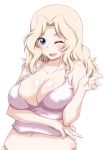  1girl blonde_hair blue_eyes blush breasts cleavage commentary_request girls_und_panzer hair_intakes kay_(girls_und_panzer) large_breasts long_hair looking_at_viewer motion_lines navel one_eye_closed open_mouth panties shirt simple_background skindentation smile solo tank_top twitter_username underwear underwear_only upper_body v white_background white_panties white_shirt yts_takana 