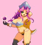  1girl angela_(seiken_densetsu_3) arm_behind_head armpits bare_shoulders breasts cape cleavage fang gloves green_eyes large_breasts noscium open_mouth orb pink_background pixel_art pointy_ears purple_hair revealing_clothes seiken_densetsu seiken_densetsu_3 simple_background solo standing yellow_cape 